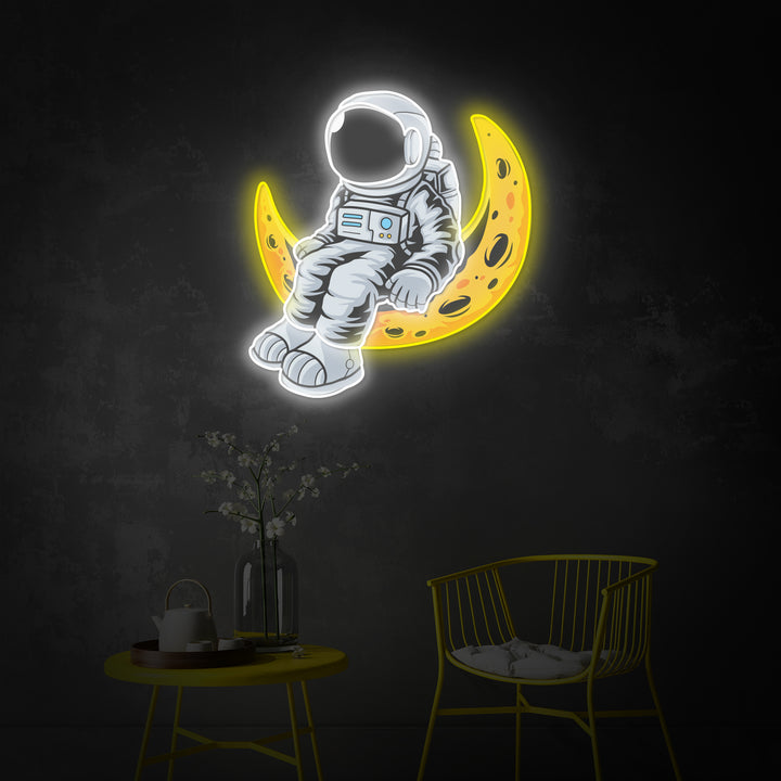"Astronaut Sitting Moon", Room Décor, Neon Wall Art, LED Neon Sign 2.0, Luminous UV Printed