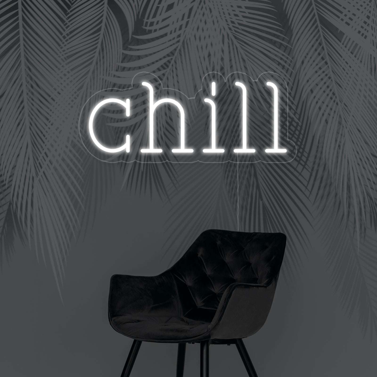 A bright, clear shot of a green 'Chill' neon wall sign mounted on its acrylic backing, showcasing its cool light in an interior setting.
