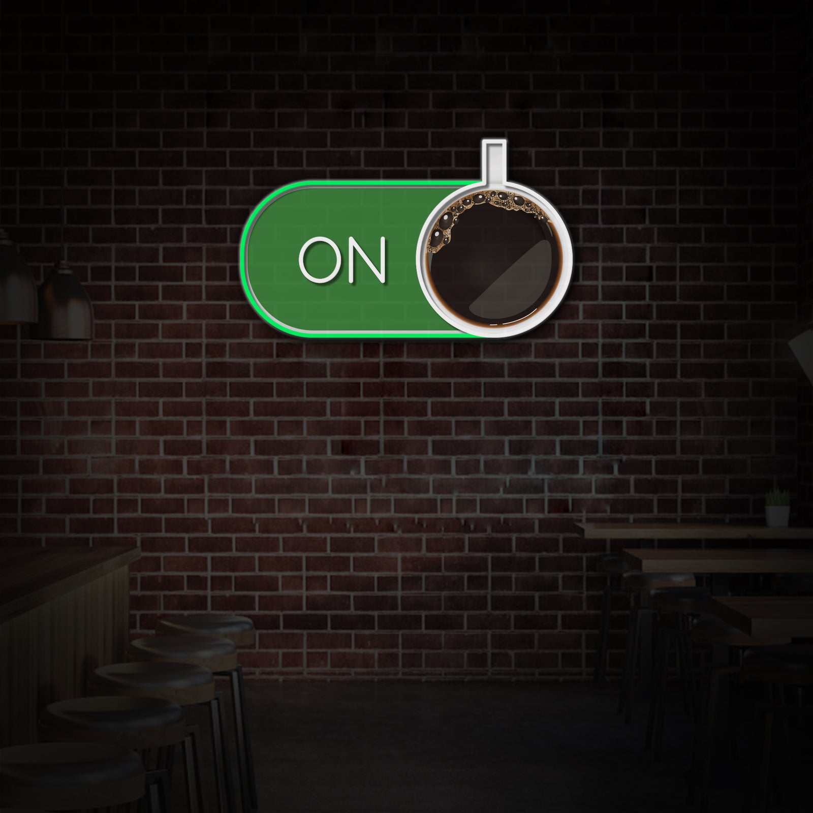 Detailed product shot of the "Coffee ON" neon sign lit up against a textured wall background.