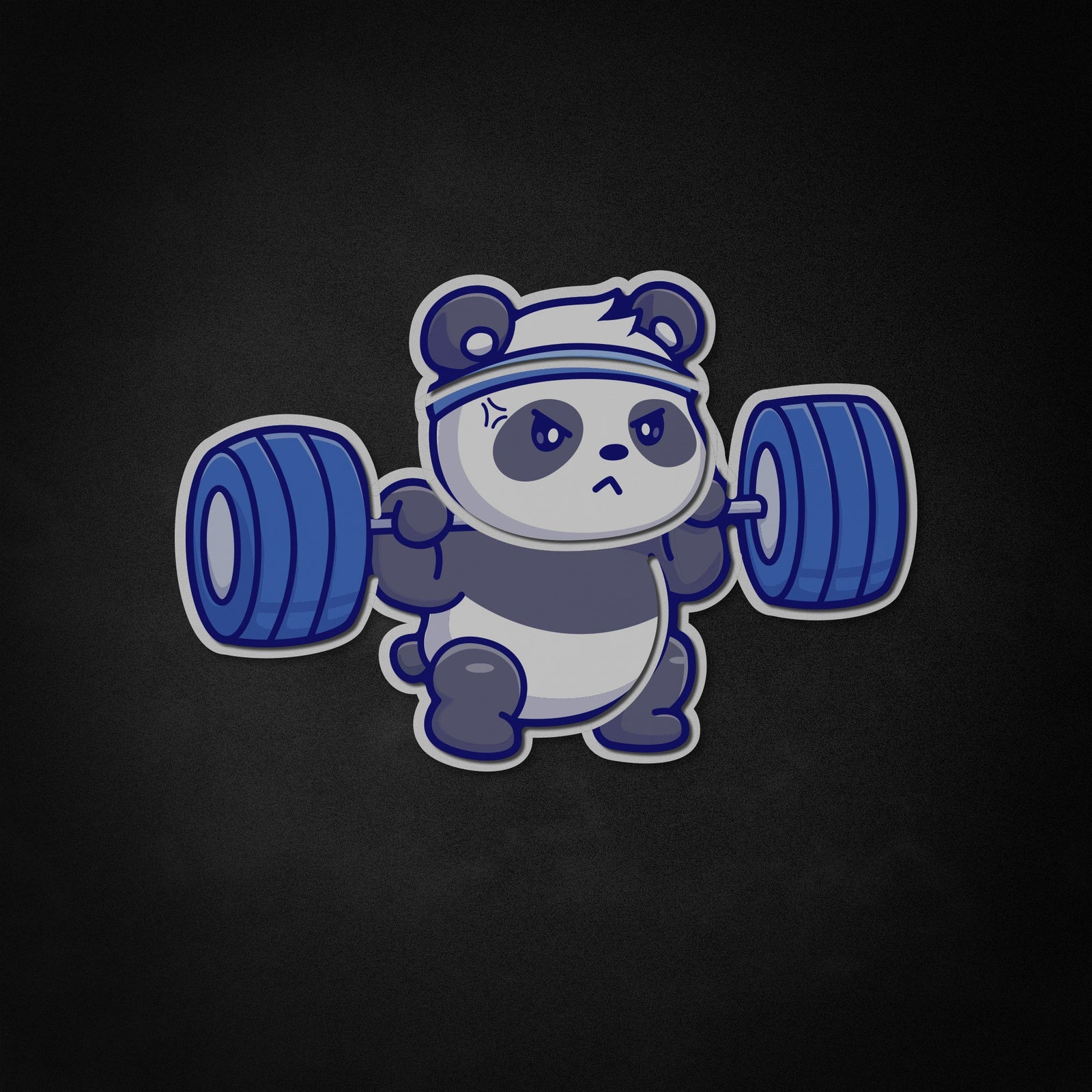 Close-up view of a panda barbell lifter glowing neon wall art.
