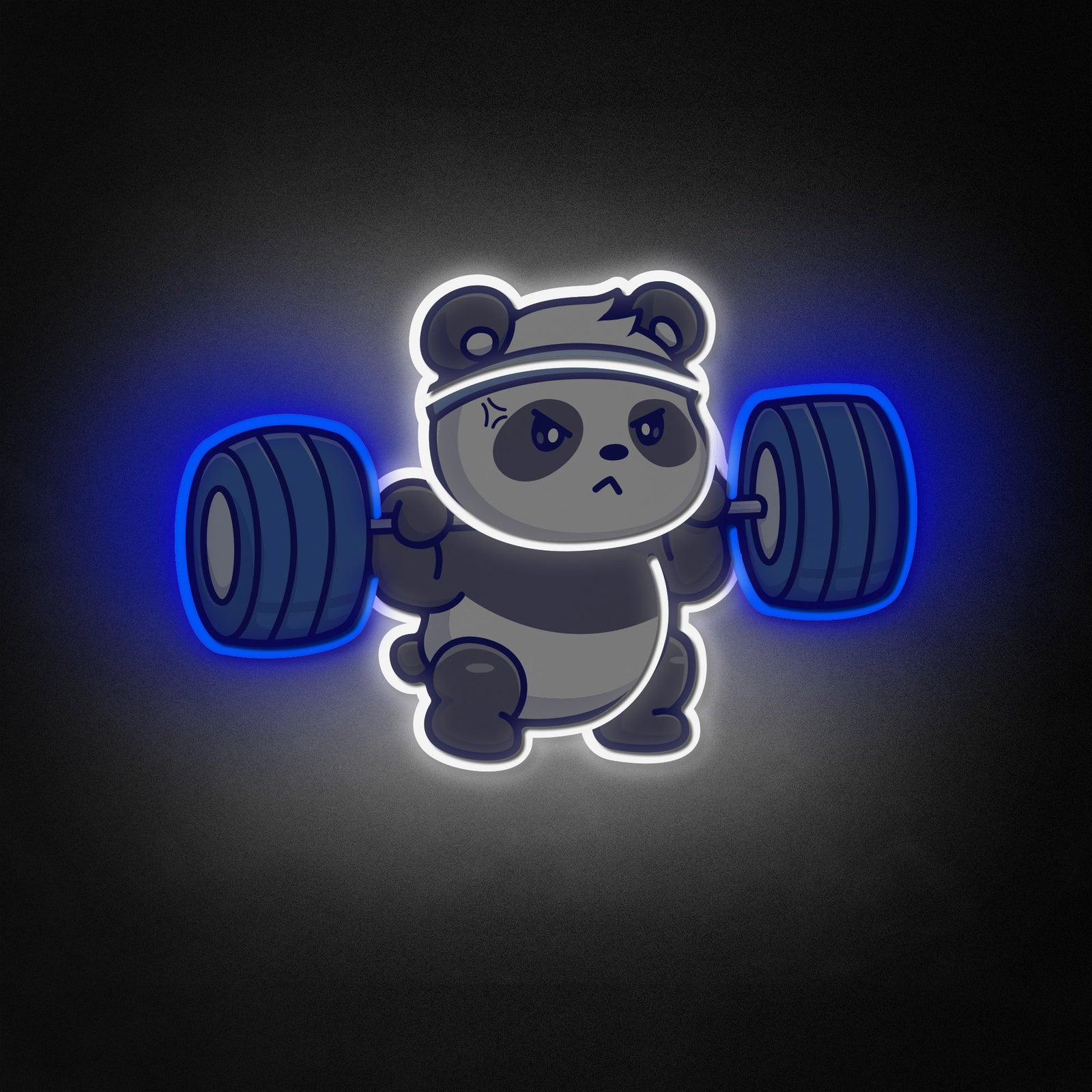 Vibrant glowing neon style sign featuring a cute panda lifting a heavy barbell.
