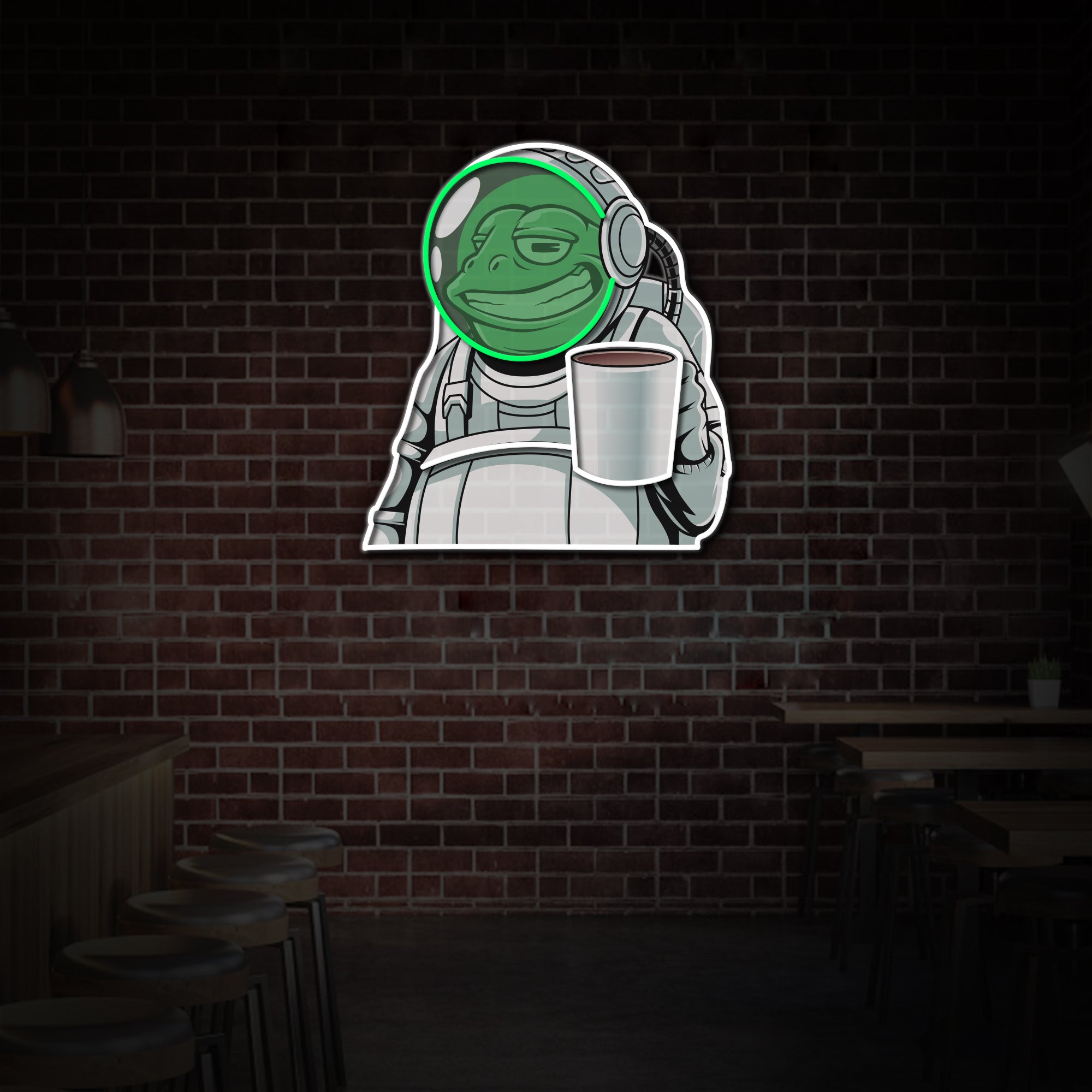 "Frog Astronaut with Coffee", Coffee Shop Decor, LED Neon Sign 2.0, Luminous UV Printed