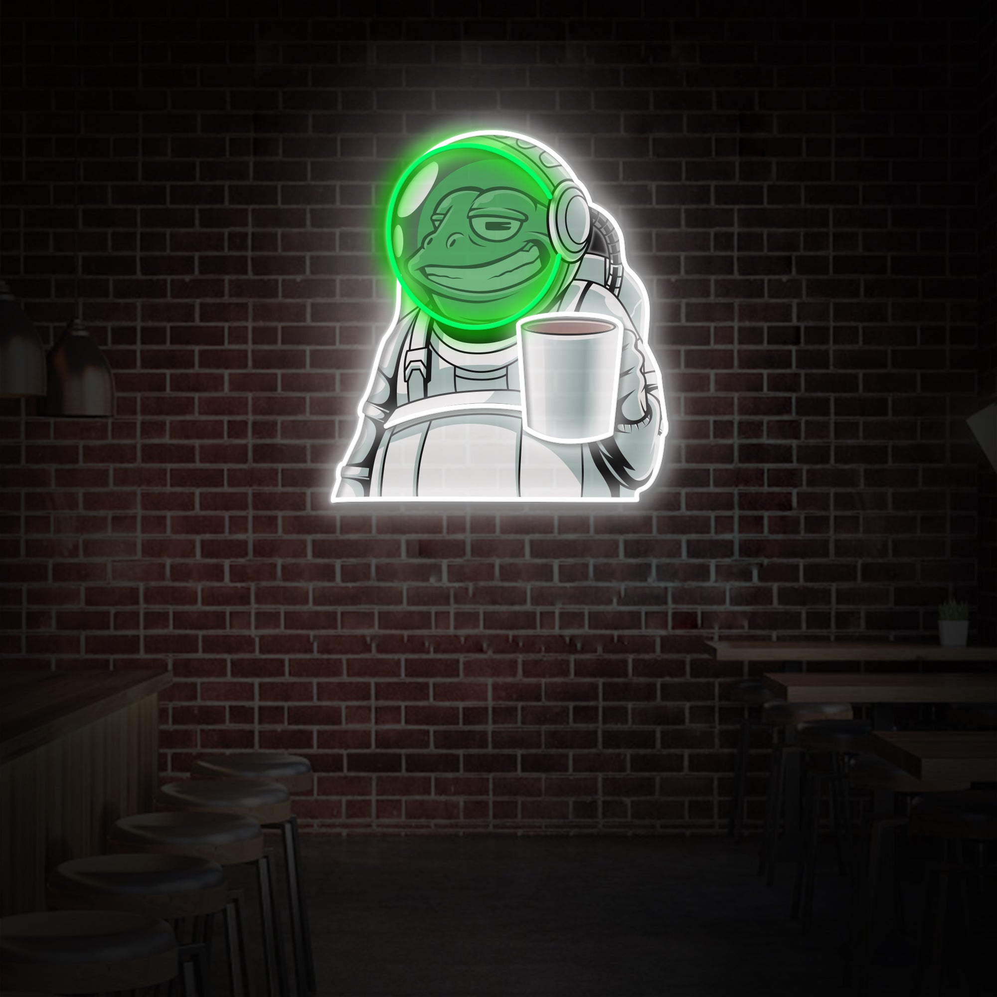 "Frog Astronaut with Coffee", Coffee Shop Decor, LED Neon Sign 2.0, Luminous UV Printed