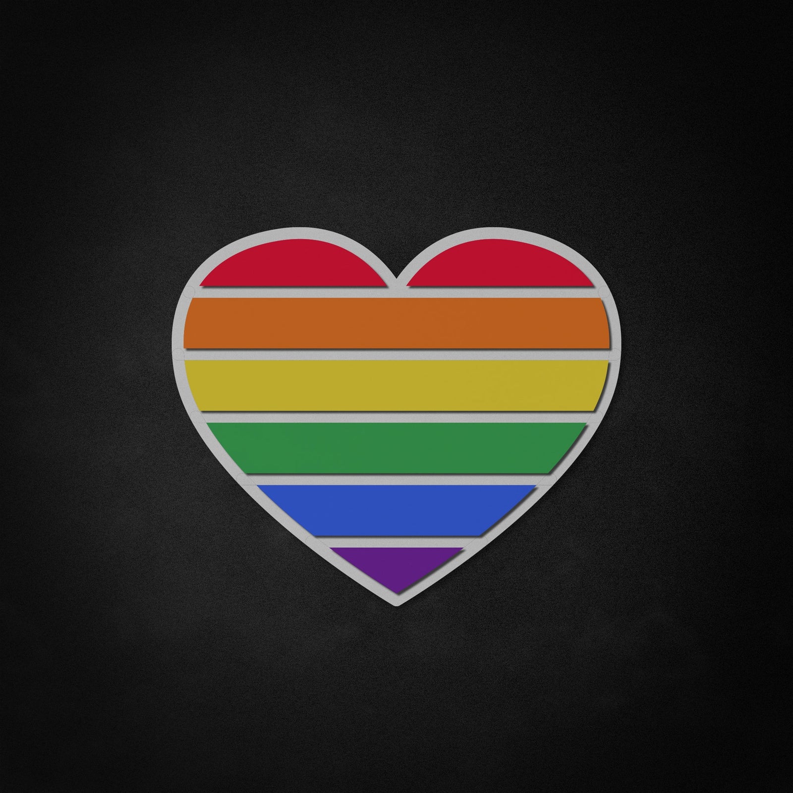 A graphic illustration of a rainbow striped heart with a glowing outline.