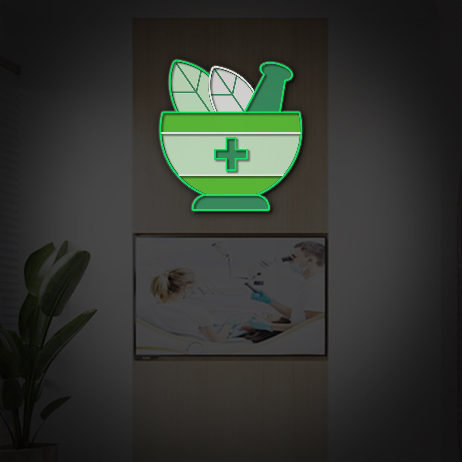 Flat graphic neon sign displaying red and blue pharmacy cross and text