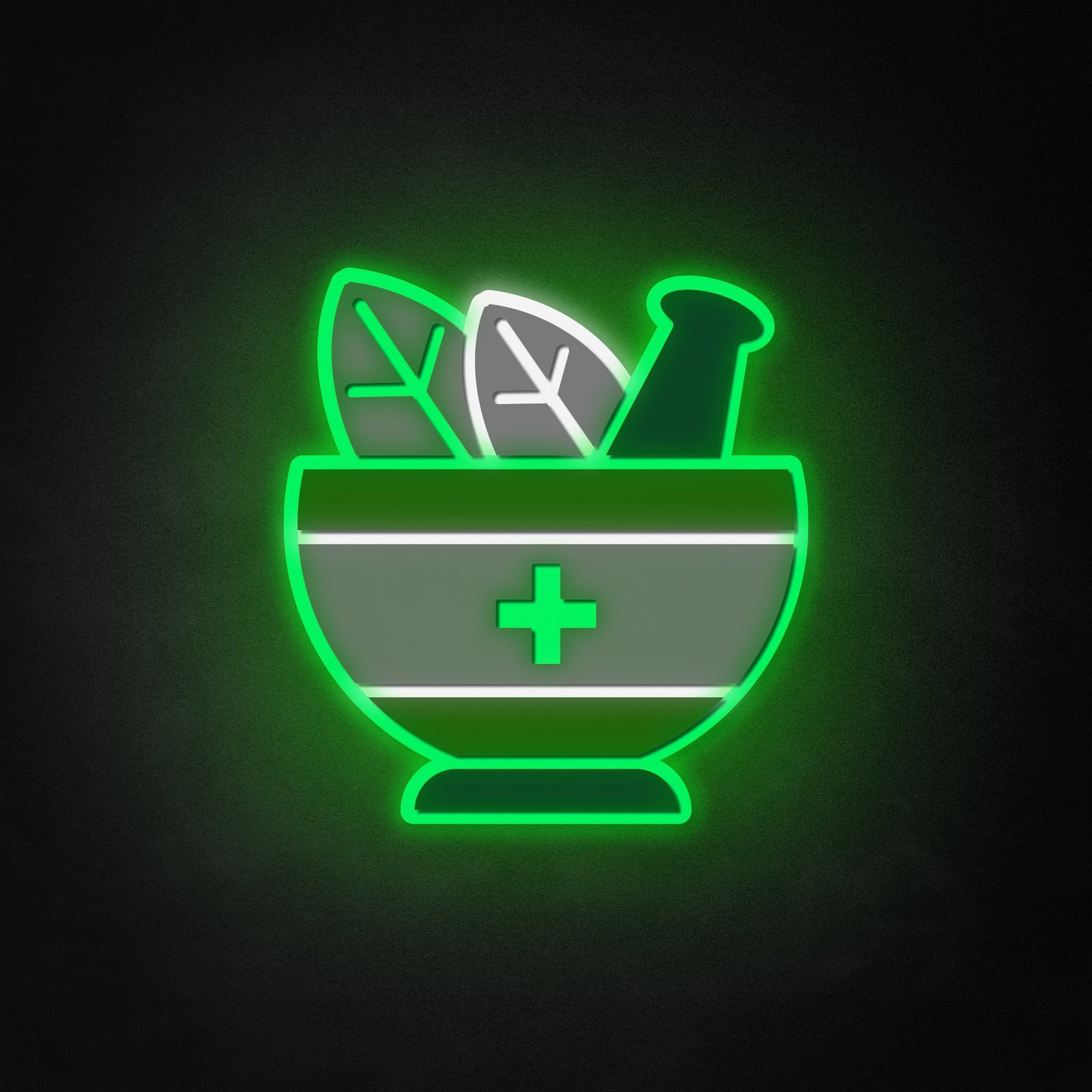Vibrant blue and white Medical Pharmacy Symbol neon like sign featuring a Caduceus and Bowl of Hygieia against a dark textured background.