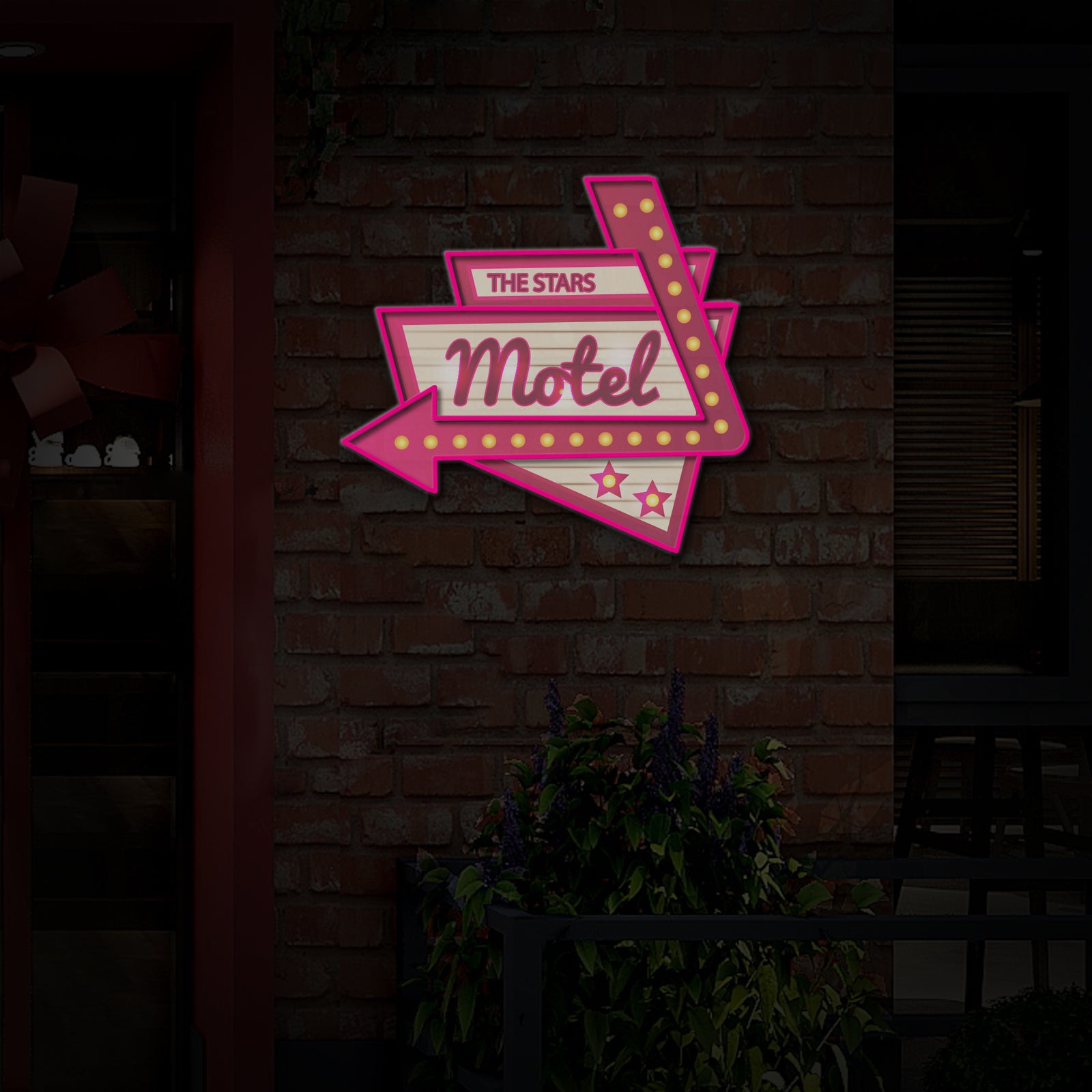A glowing neon sign in the style of a vintage motel sign, mounted on a wall with other retro decor.