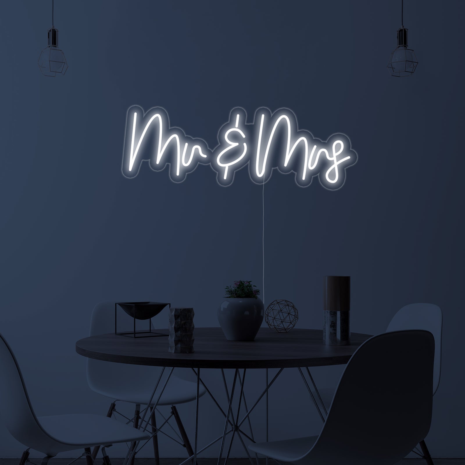 A photorealistic depiction of the 'Mr and Mrs' neon sign mounted on a clean acrylic backboard, glowing in a tastefully designed dining room setting.