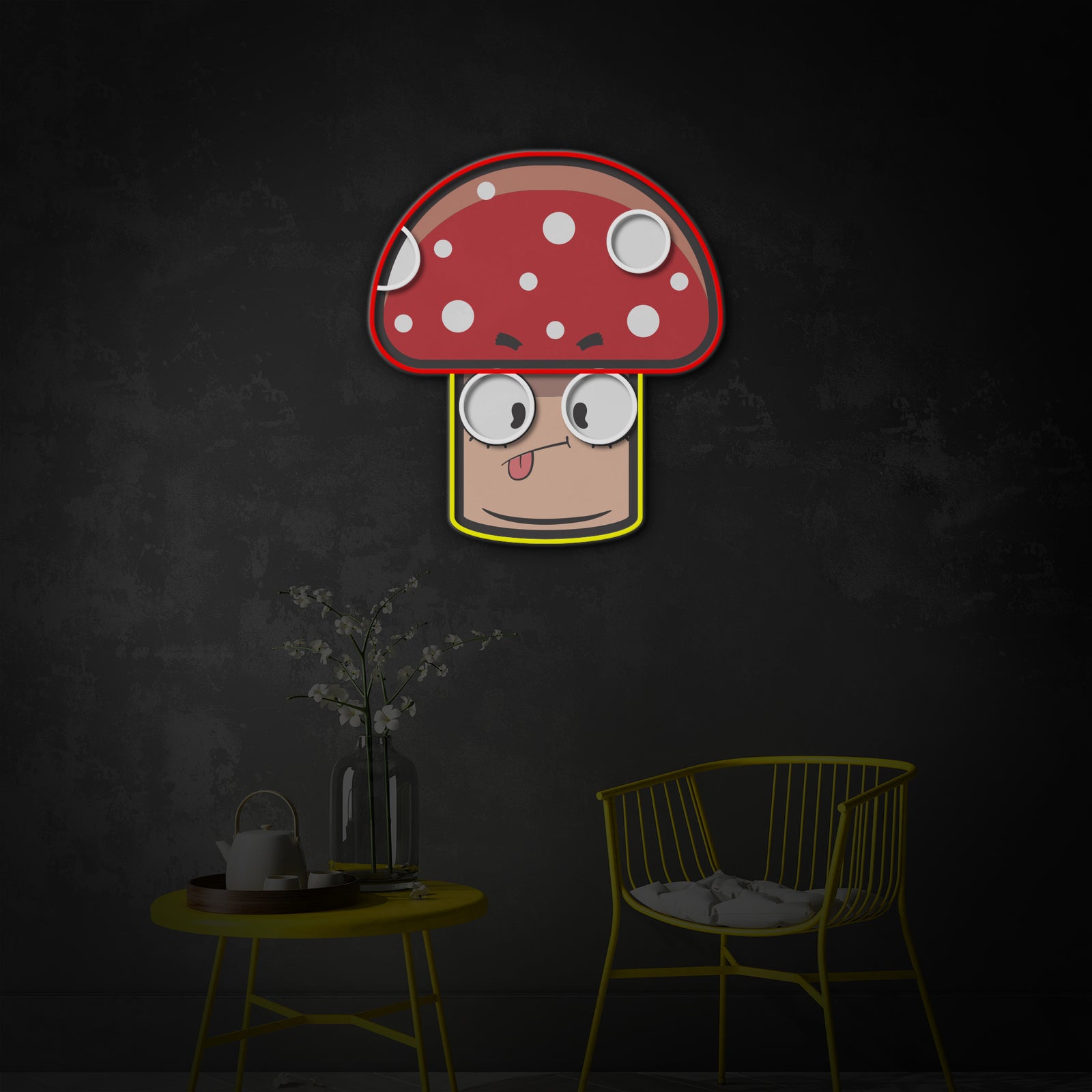 Whimsical Mushroom Cartoon neon wall decor casting a warm glow in a cozy bedroom corner.