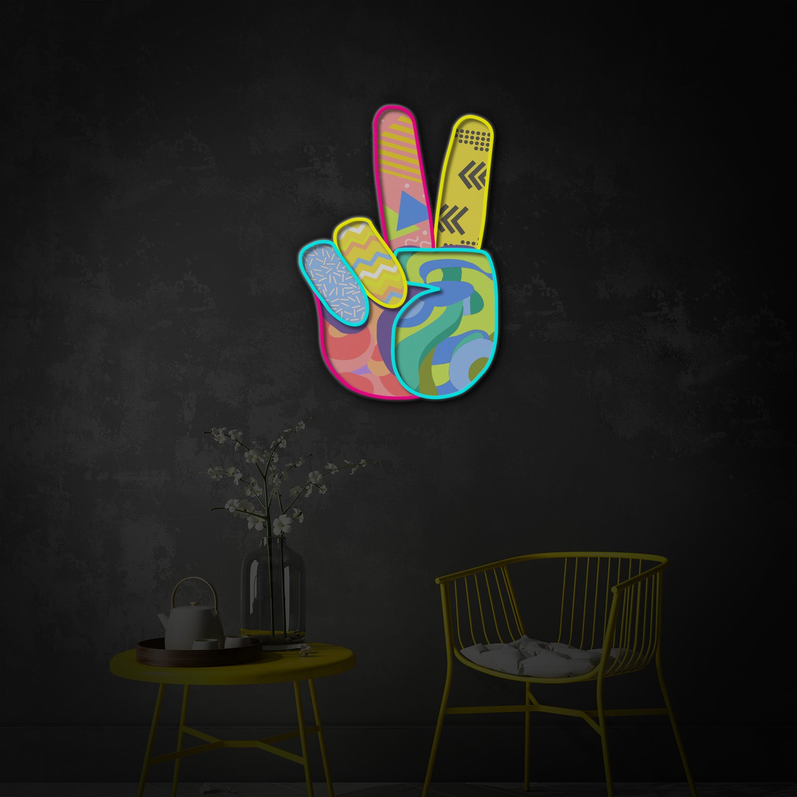 Peace symbol neon sign with smooth glowing outline and intricate internal patterns