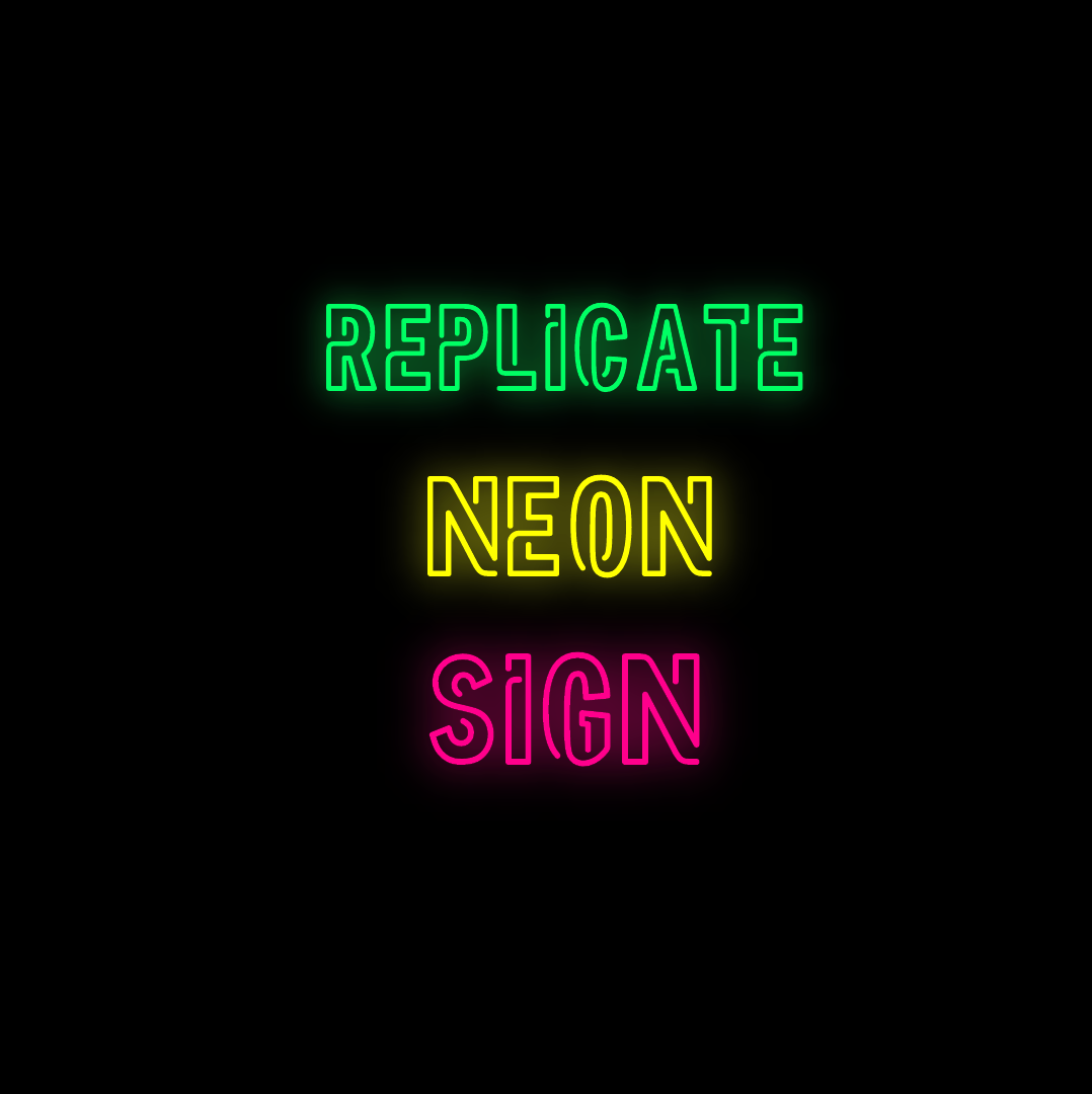 A stylish 'Replicate' neon sign with pink lighting mounted on a contemporary concrete wall in a modern living space.
