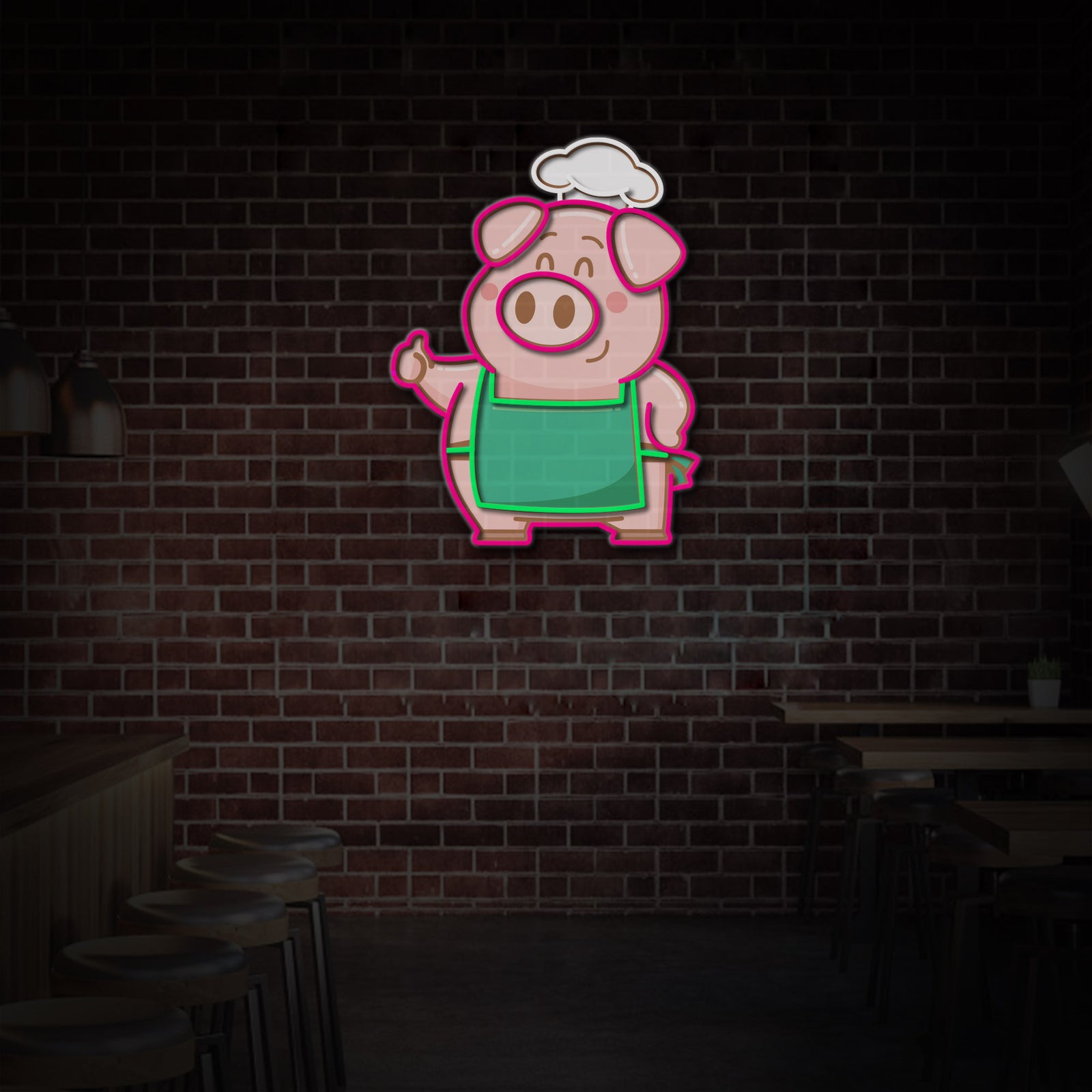 A physical photograph of the 'Restaurant Chef Pig' neon sign illuminated on a brick wall, showcasing the actual LED tubing construction.