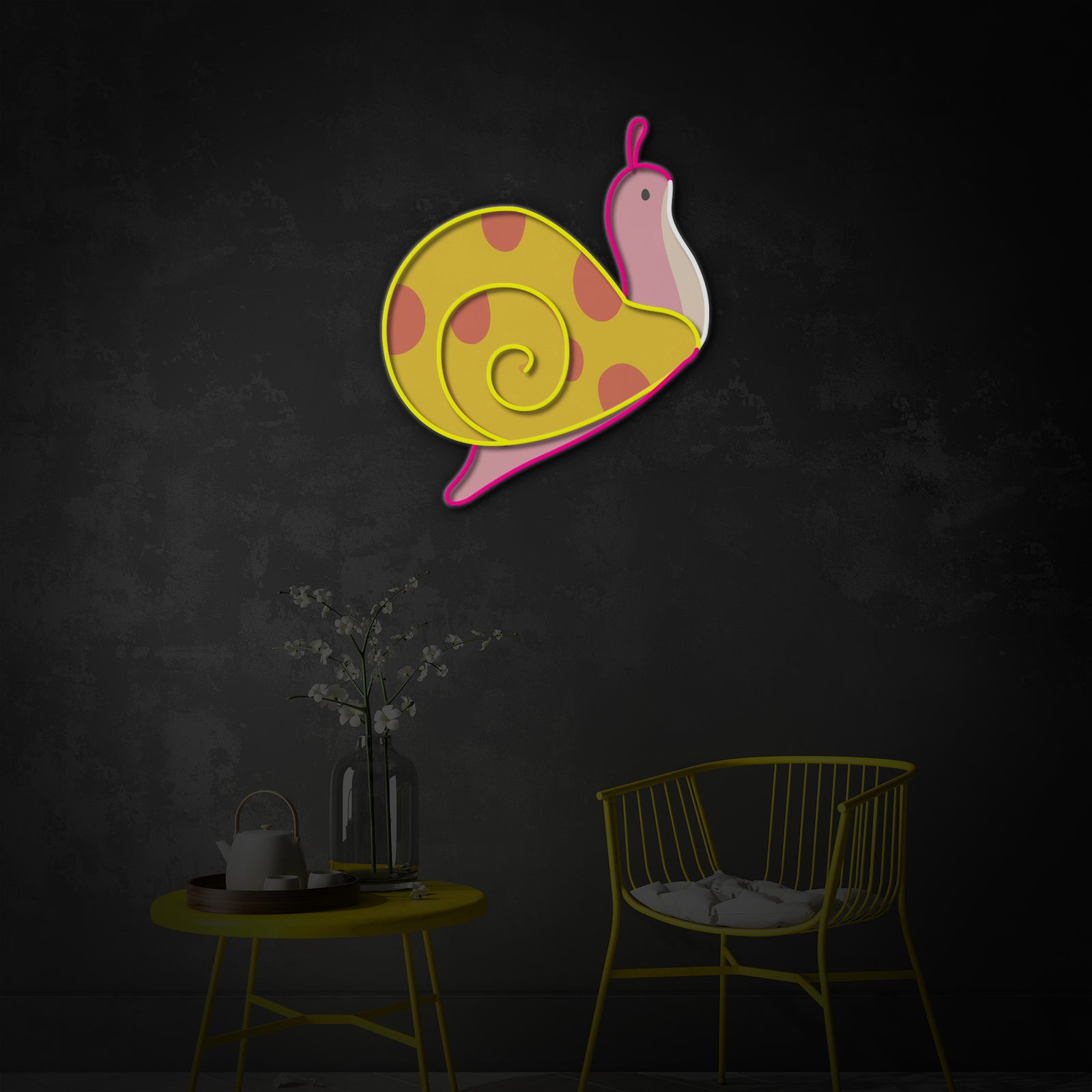 A vibrant graphic illustration of a snail with its shell glowing with bright LED neon light.
