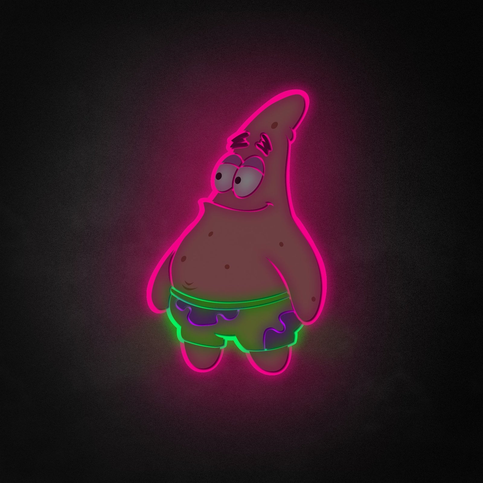A graphic design mockup showing a glowing Patrick Star cartoon character neon sign on a neutral background.