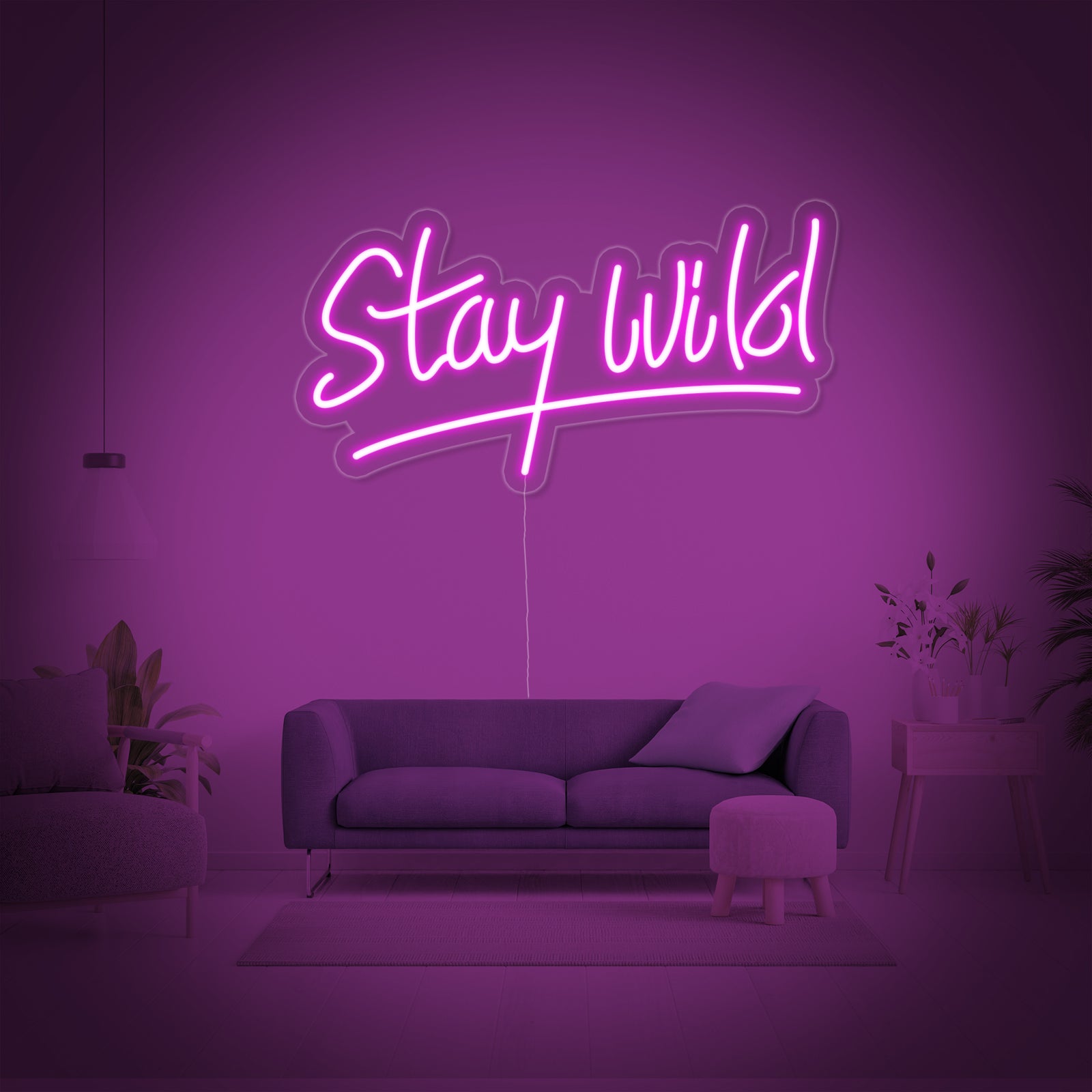 'Stay Wild' glowing white neon sign, fabricated design detail showing backing and wiring