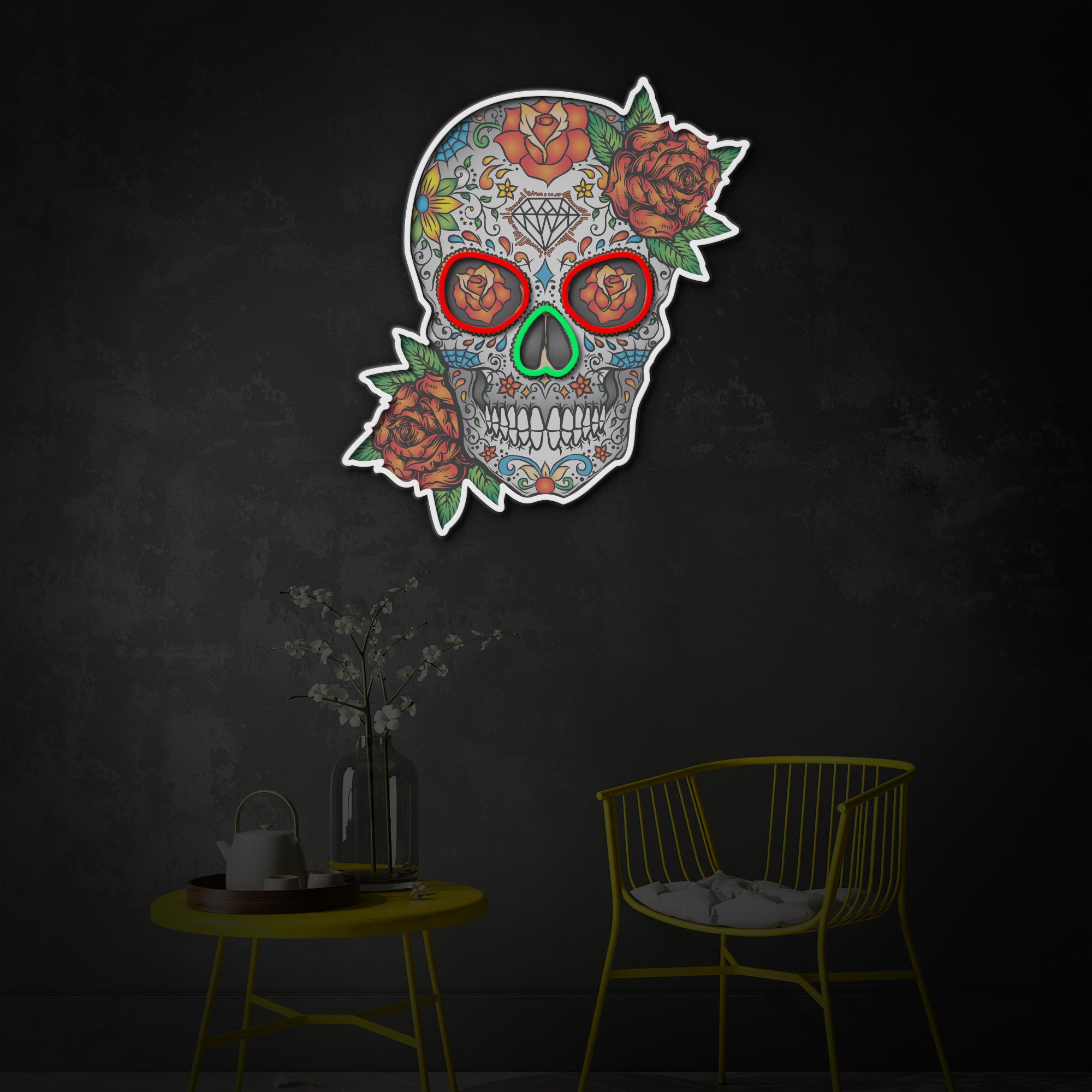 "Sugar Skull Flowers", Room Décor, Neon Wall Art, LED Neon Sign 2.0, Luminous UV Printed