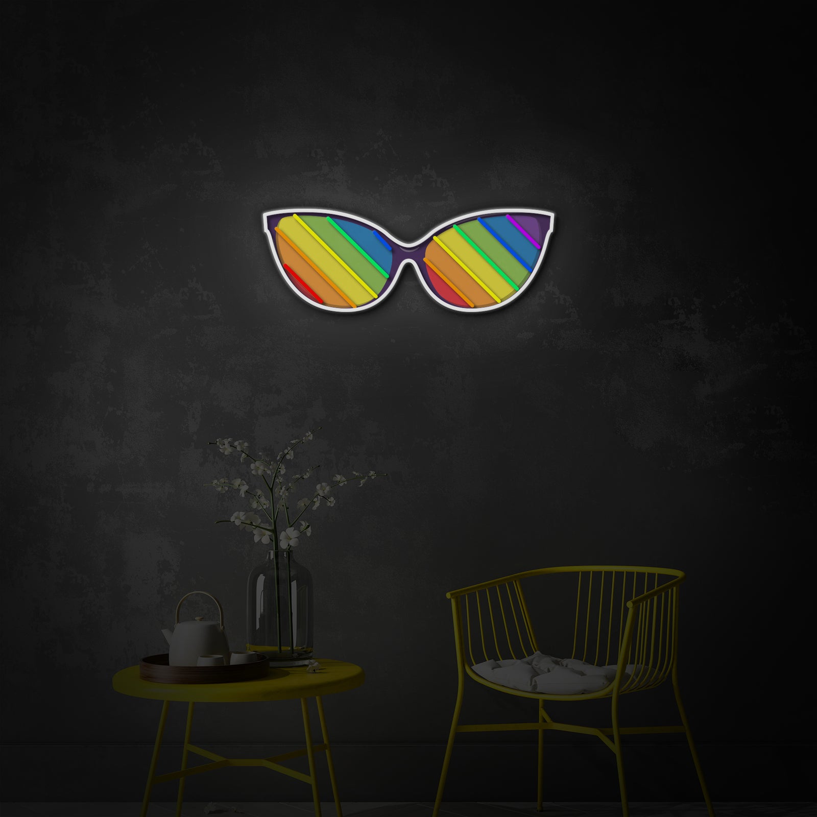 Close-up detail of the radiant rainbow colors in the Sunglasses LGBT Pride neon design