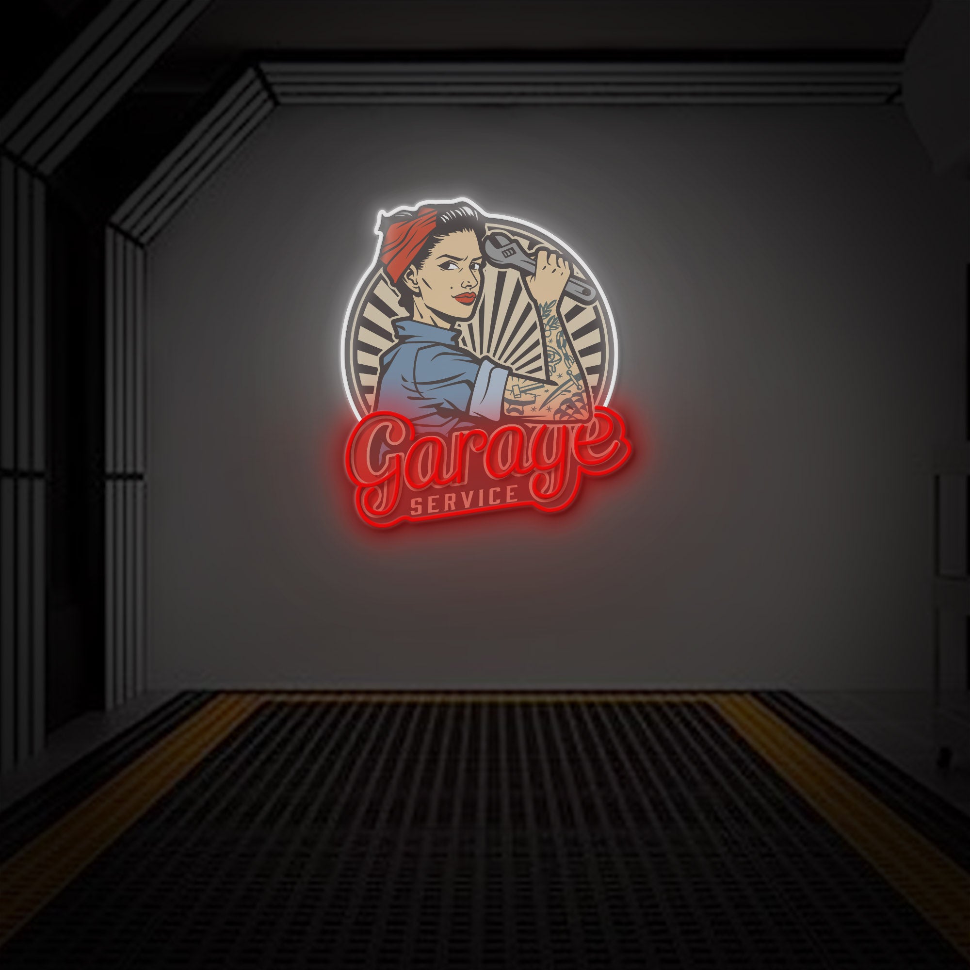 "Vintage Garage Service" LED Neon Sign 2.0, Luminous UV Printed