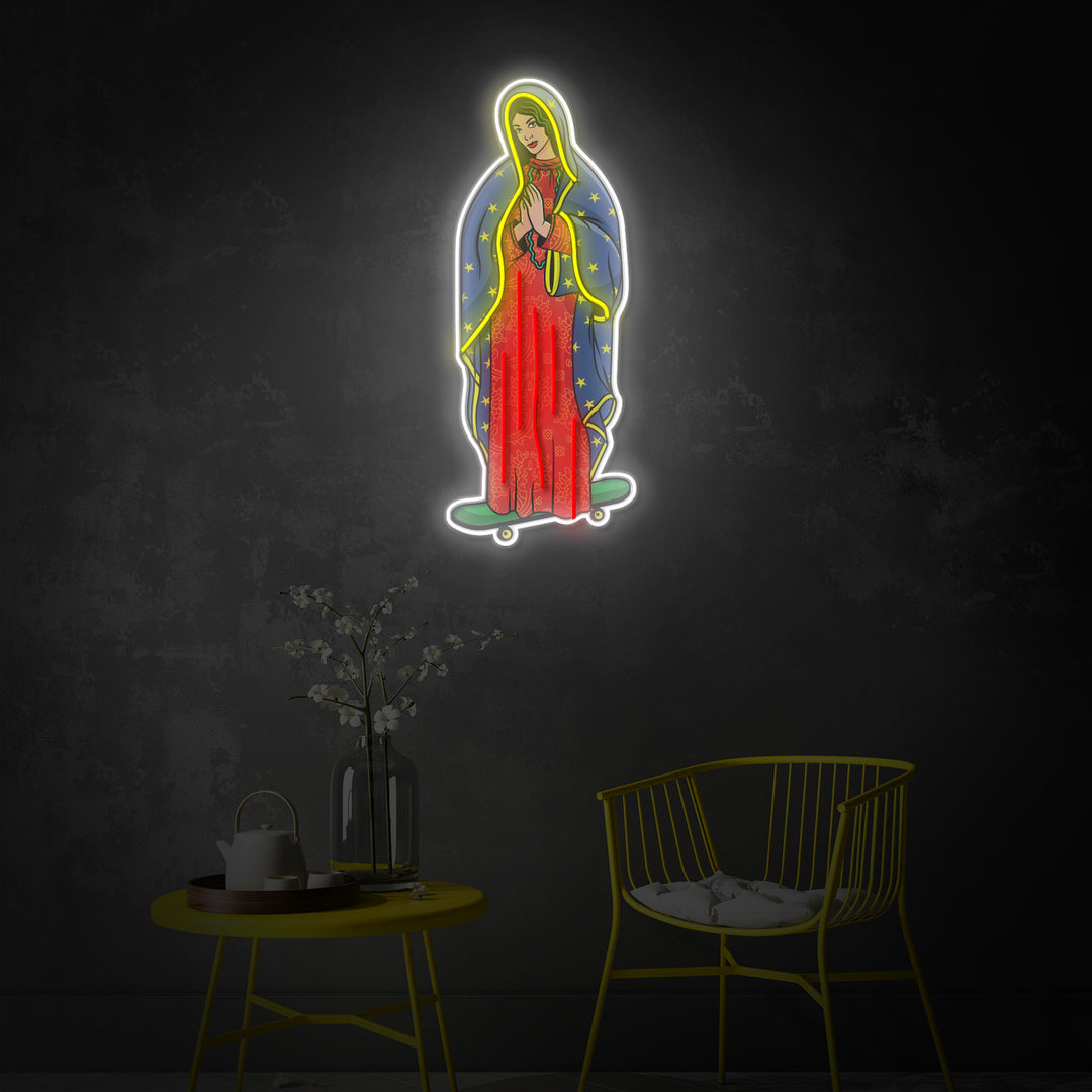 "Virgin Guadalupe Skateboard Virgin Mary" Room Decor, Neon Wall Art, LED Neon Sign 2.0, Luminous UV Printed