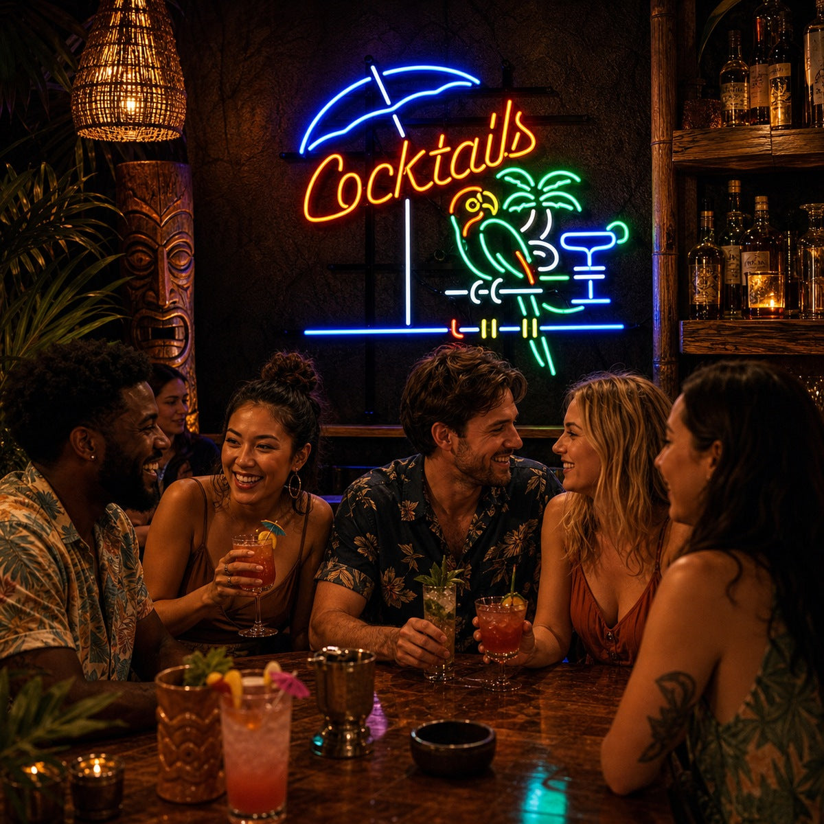 A bar and restaurant interior featuring a custom neon sign